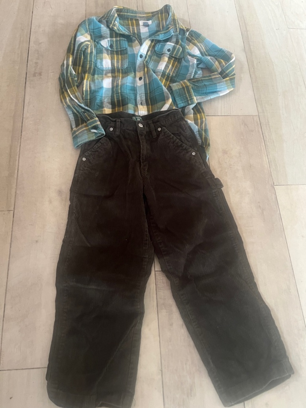 The Children's Place Dark Green Corduroy  carpenter pants with Old Navy plaid